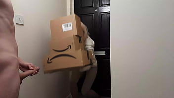 Horny jerking off boy meets an Amazon delivery gal and she decides to help him spunk